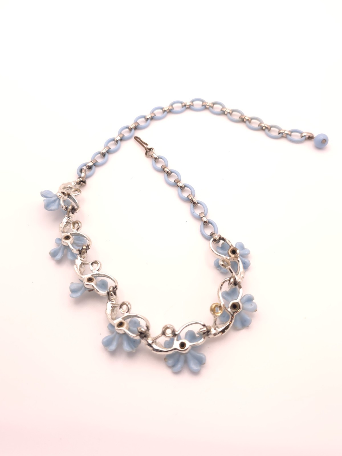 Silver Tone Blue Flower Pendant Necklace Rhinestone Crystal Cable Chain Hook