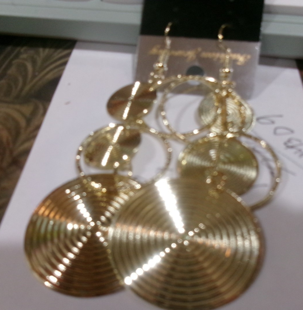 gold look dangle earrings circles 3.5 inches long