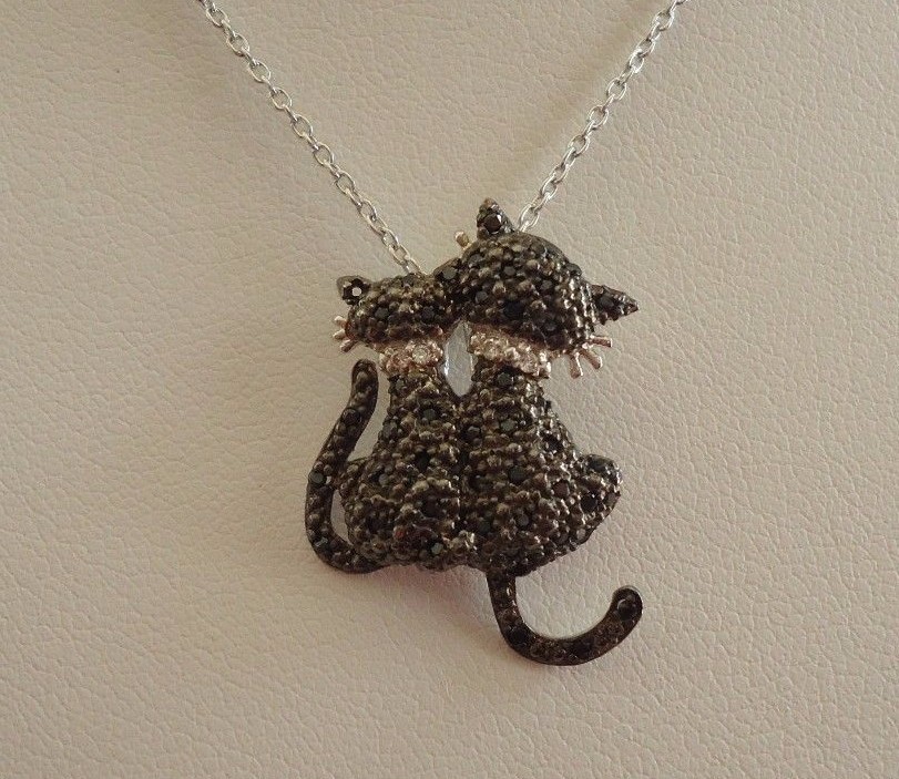 925 STERLING SILVER BLACK KITTY’S PENDANT NECKLACE W/ ACCENTS/18”CHAIN