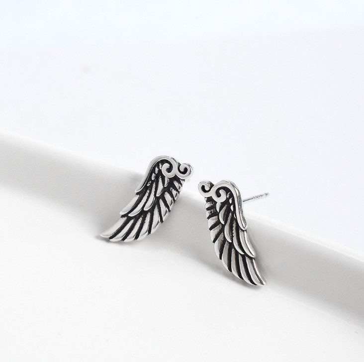 Angel Wings Feather Earrings 925 Sterling Silver Studs Retro Jewelry Gift PE41