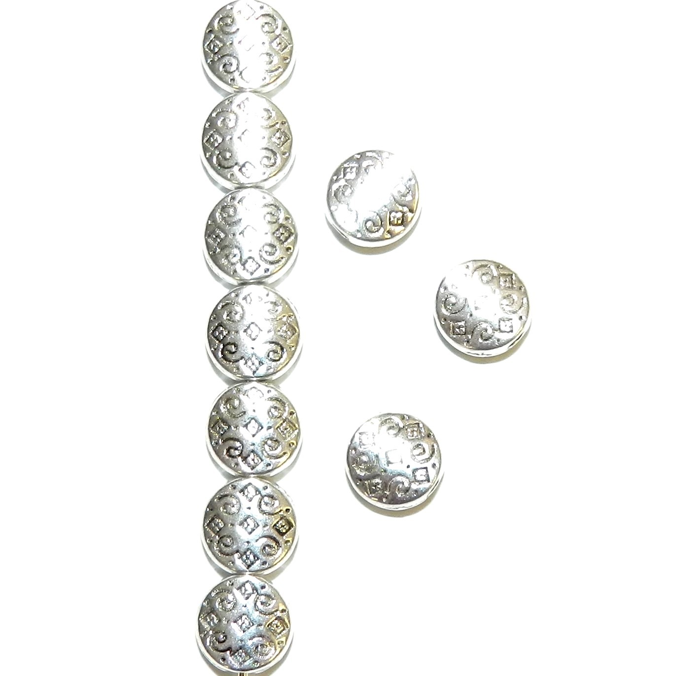 MB7169 Antiqued Silver 7mm Flat Round Diamond & Swirl Texture Metal Bead 25pc