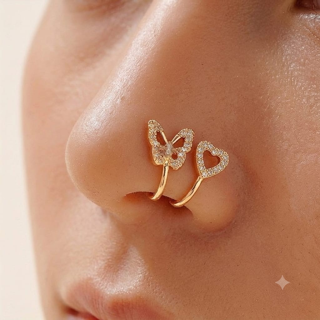 2PCS Heart Butterfly Fake Nose Ring Clip On Non Piercing U Shape Nose Stud Gold