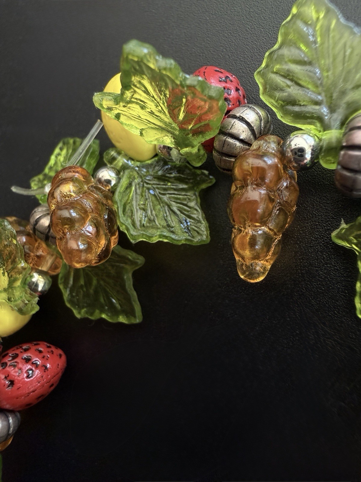Vintage Plastic Acrylic Resin Fruit Salad Charm Bracelet Colorful Beads Silver
