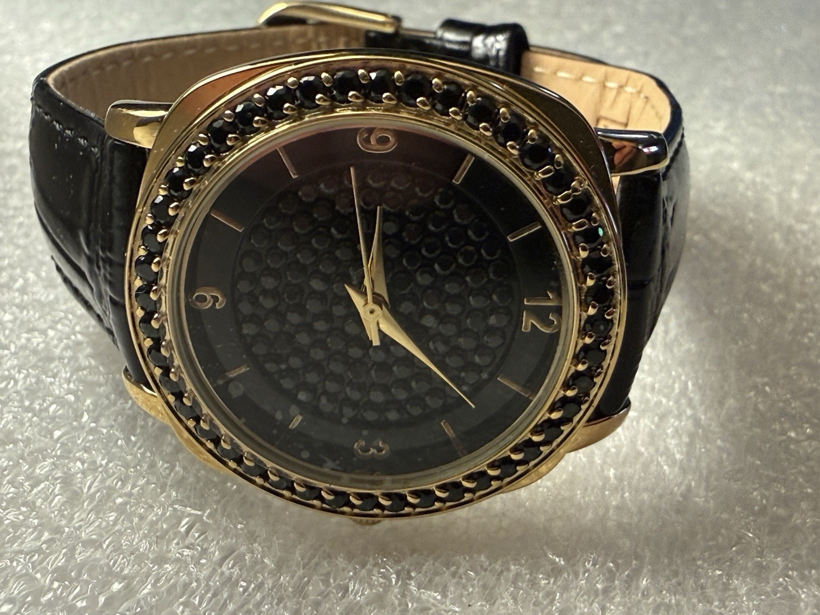 New Victoria Wieck Watch Womens Black Crystal Gold Trim Black Leather See Desc.
