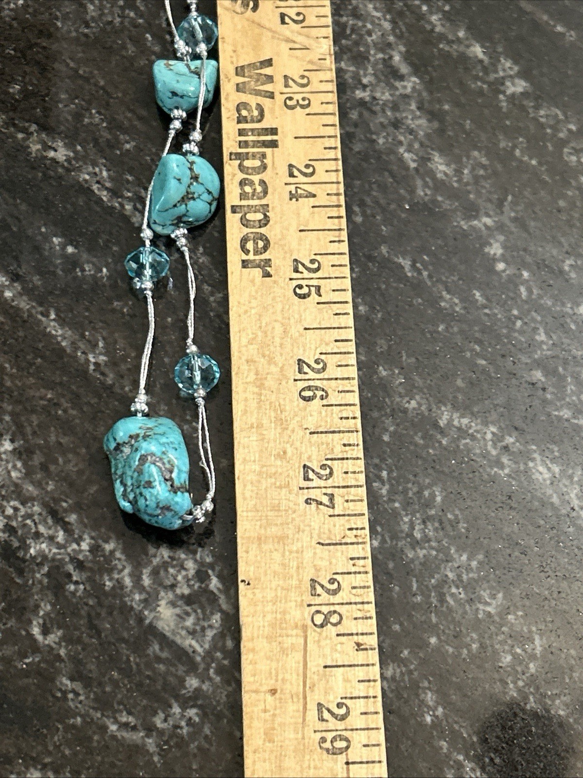 Boutique Turquoise Nuggets w/Crystal Beads Spun Silver Chain Necklace 56” 98.8g