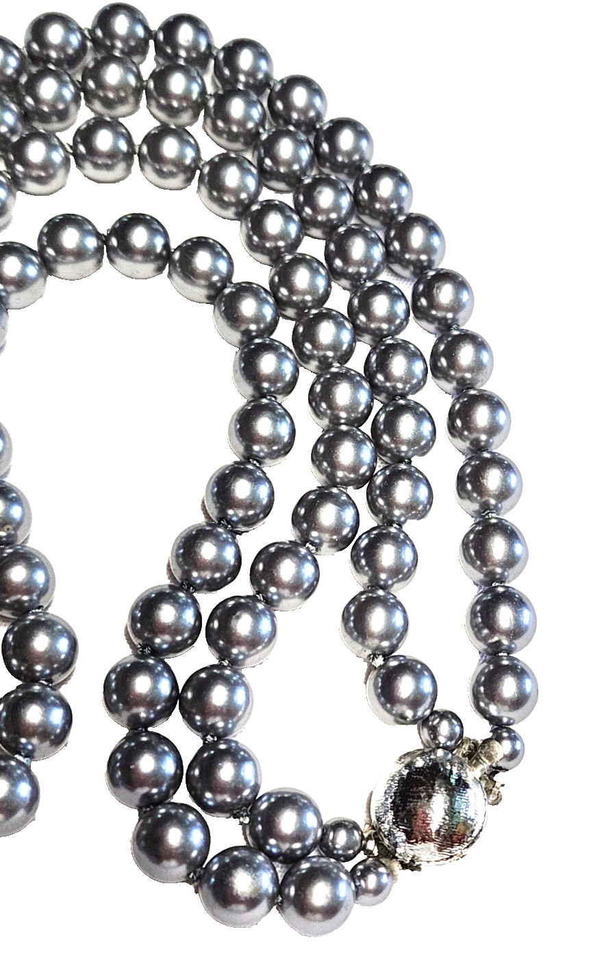 Vintage Silver Gray Long Faux Glass Pearl Necklace Pretty Push Lock Clasp 22”