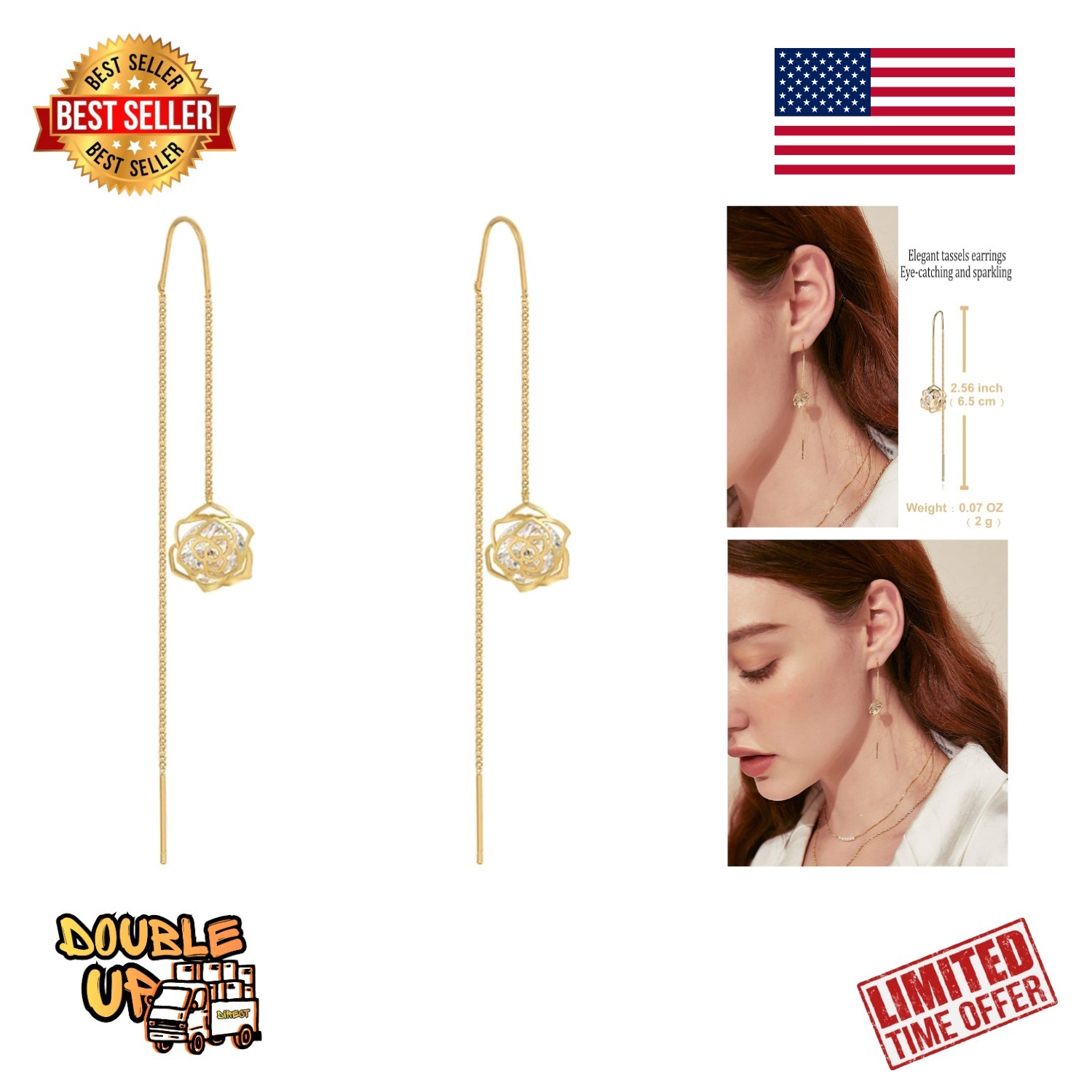 Aretes Largos de Cadena Flor Rosa Oro 14K para Mujer o Dama de Honor