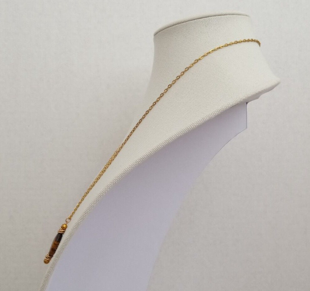 Handmade USA 24-inch Gold Color Chain Necklace Tiger Eye Oval Gemstone Bead