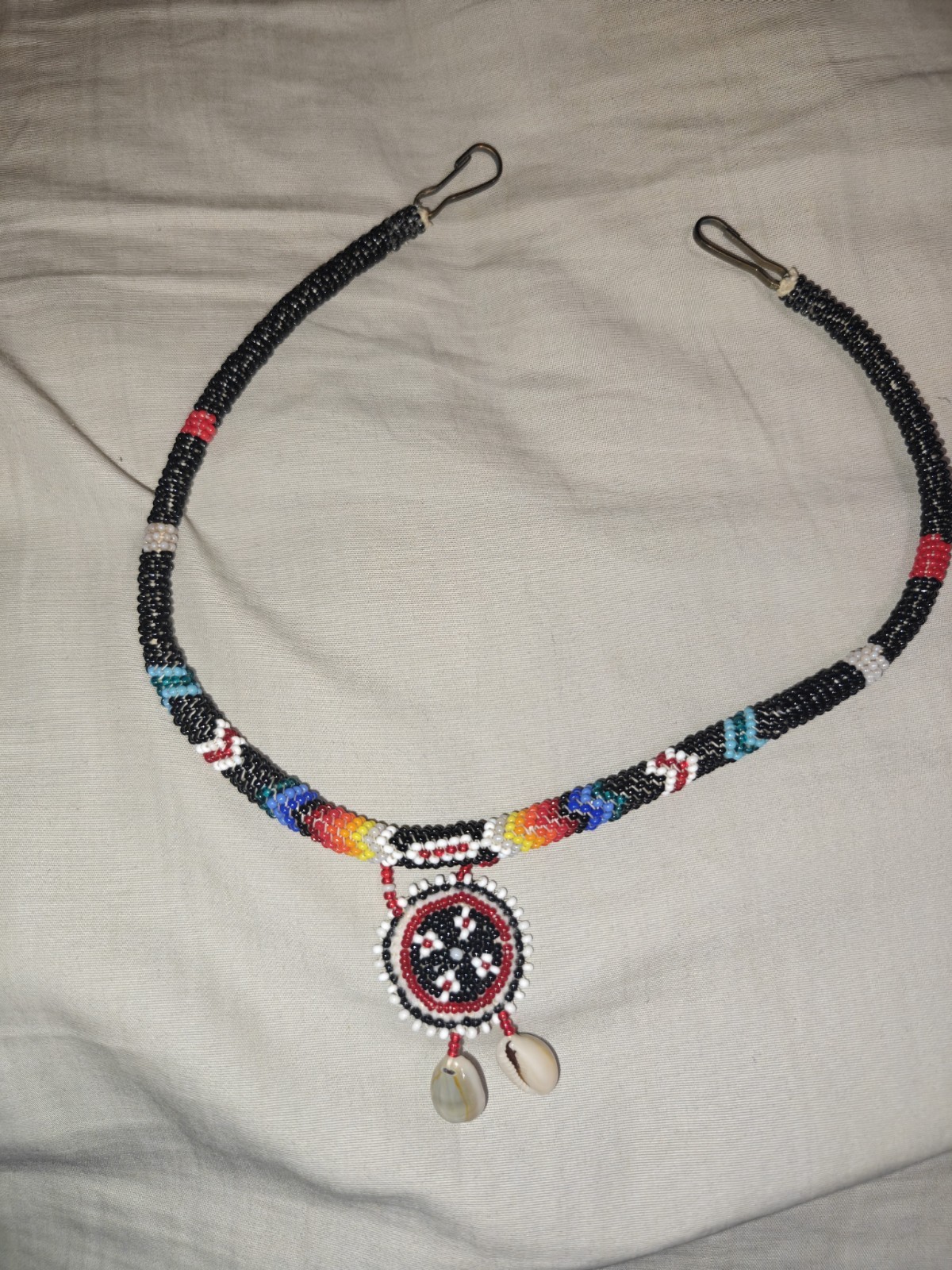Vintage 1980s Arapaho Beaded Rope Necklace Rosette Medallion Cowrie Shells