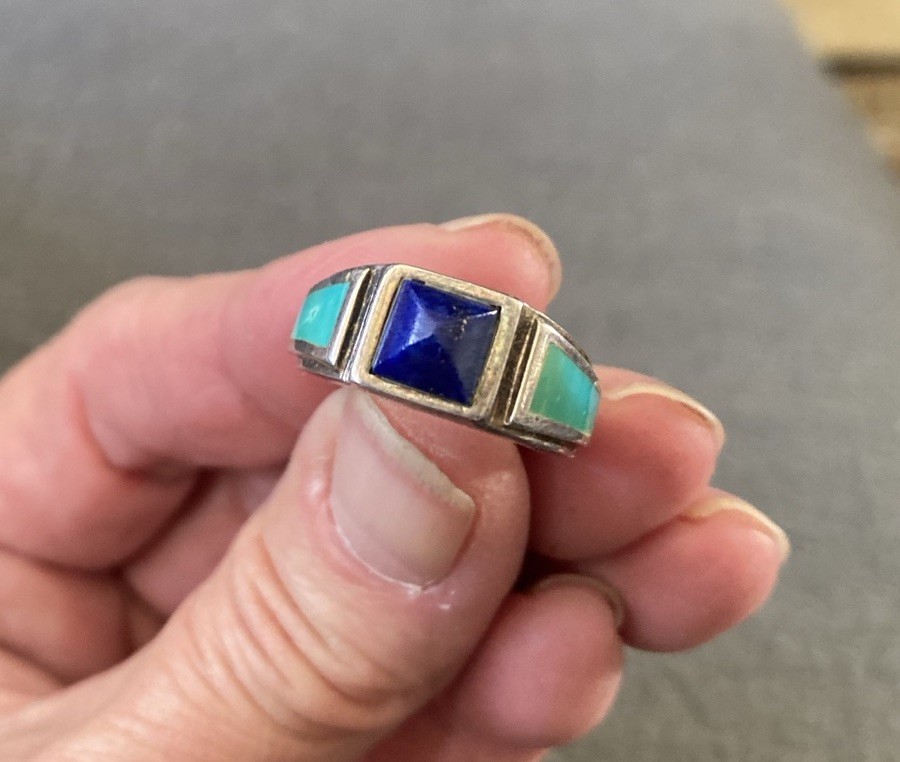 Sterling Silver Turquoise And Lapis Inlay Ring/Southwestern Navajo Style 5.7 gr