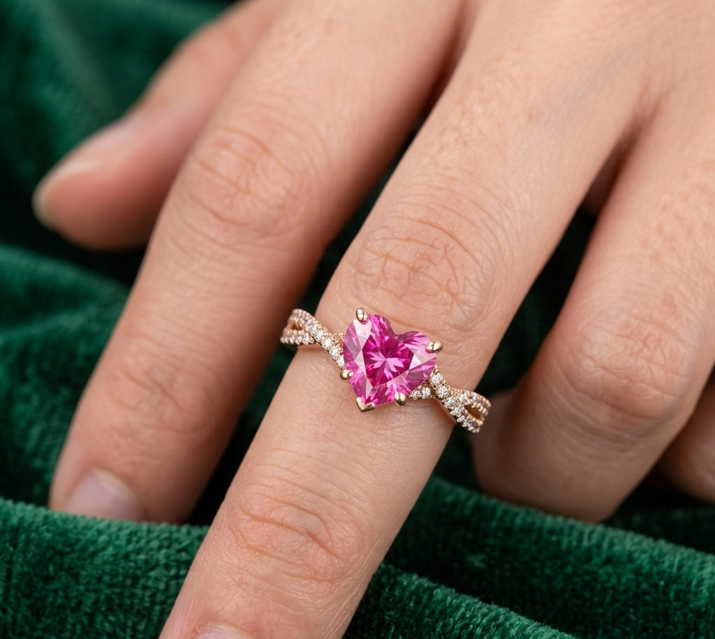 4Ct Heart Cut Simulated Pink Ruby/CZ Ring Twisted Pave Band 14k Rose Gold Finish