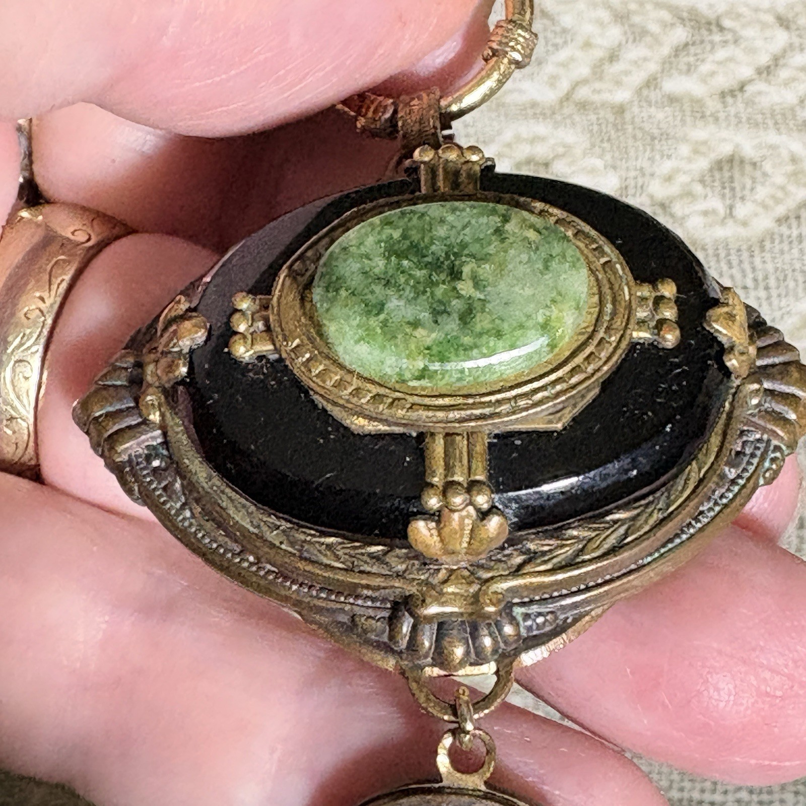 Antique Victorian Onyx Brass Tigers Eye Agate Pendant No Chain 4 Inches