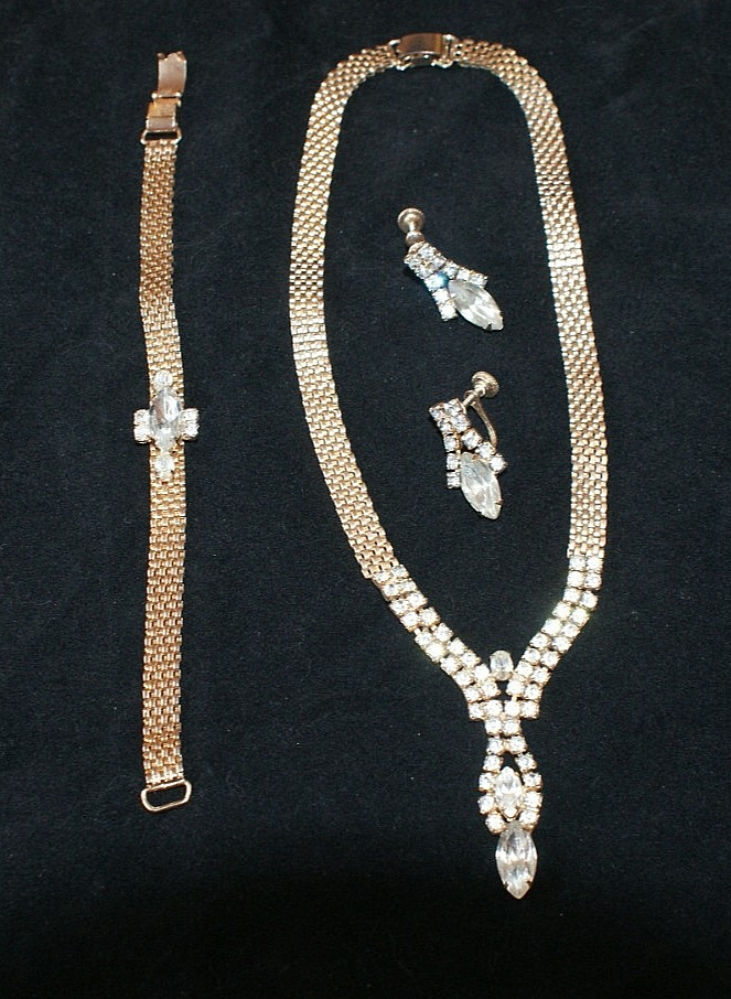 Mid-Century Fashion Jewelry Gold, Rhinestones, Necklace, Bracelet, Earrings EUC