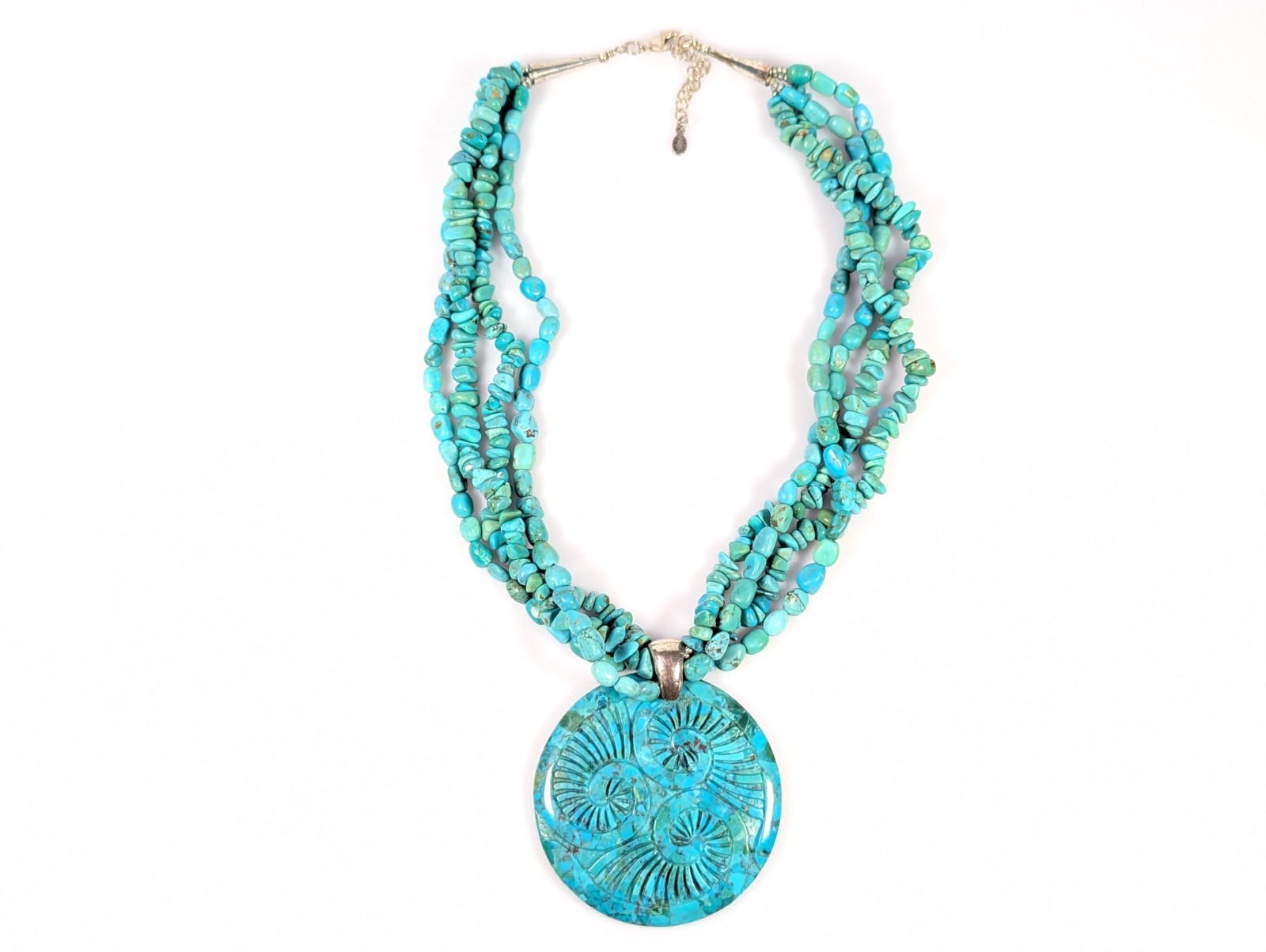 Vtg SX 925 Sterling Silver Turquoise Bead Multi Strand Medallion Necklace 108g