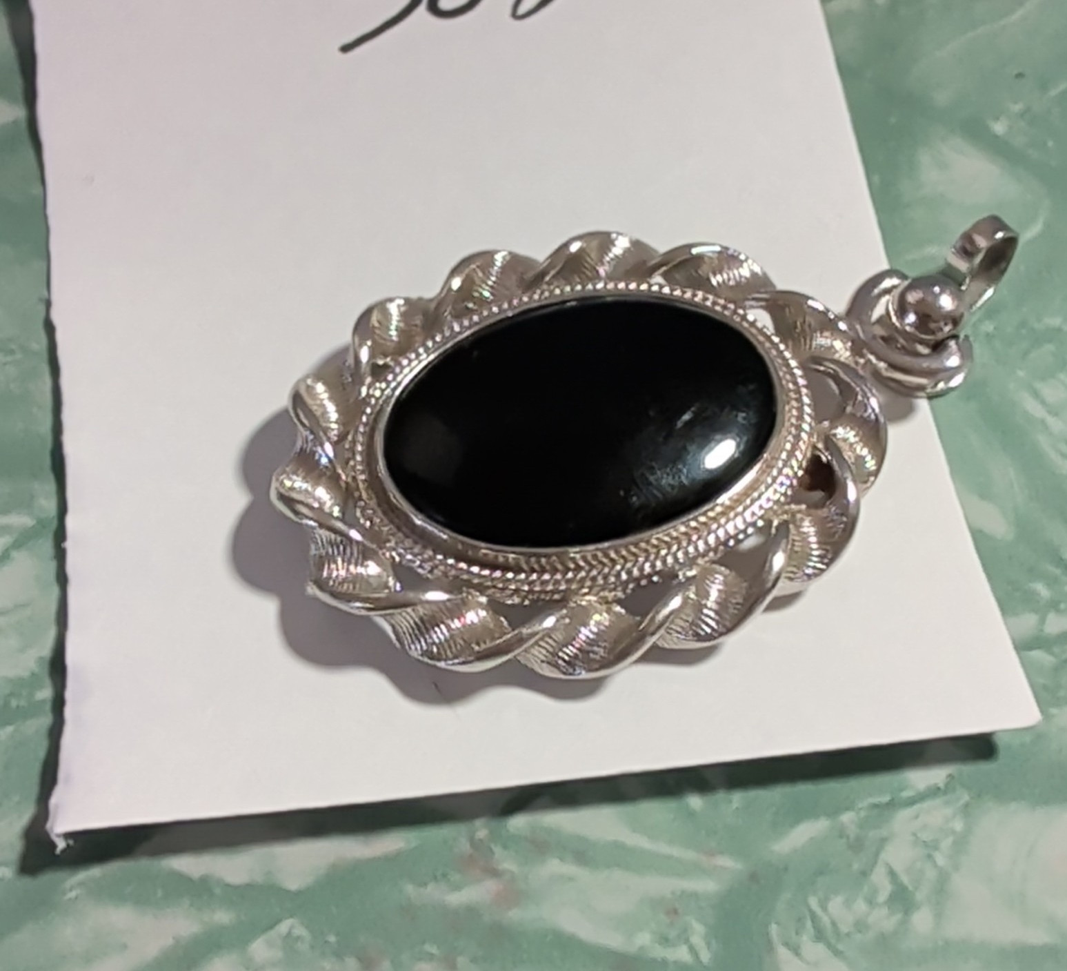 Sterling Silver 925 Oval Black Onyx Cabochon Bezel Pendant Signed