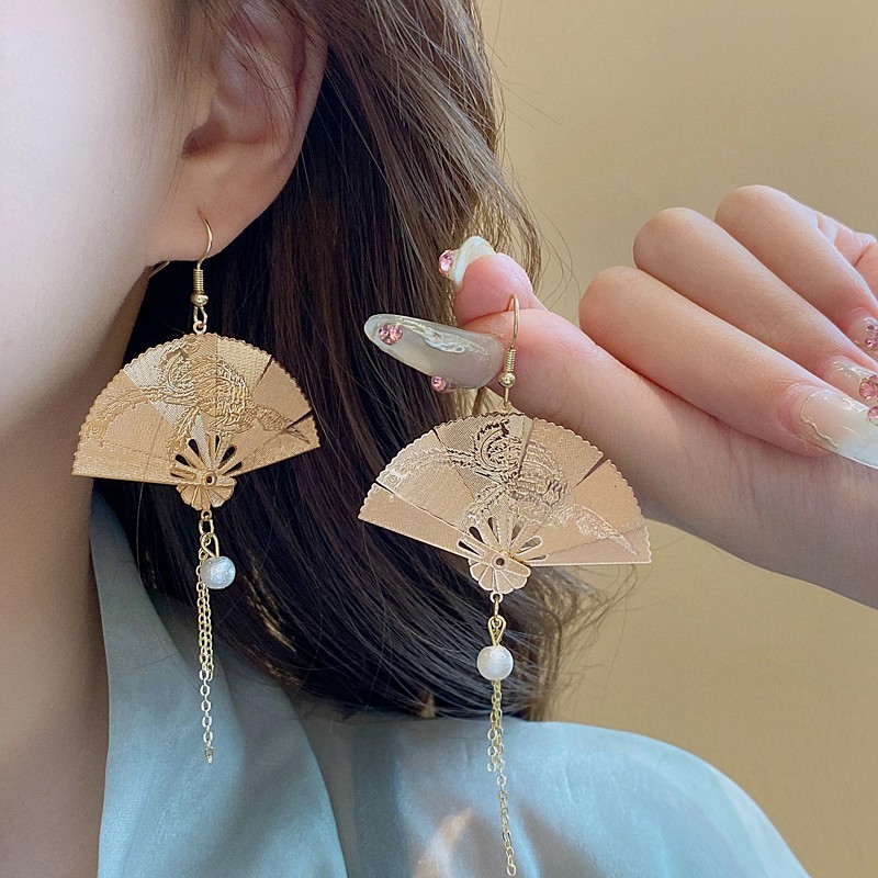 Vintage Folding Fan Drop Dangle Earrings Pearl Tassel Geometric Gold Color Women