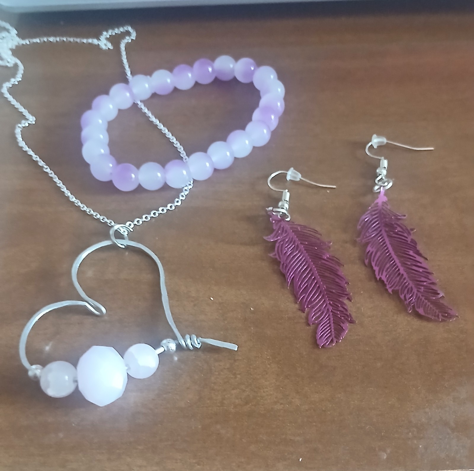 3 piece jewelry/ lavender bead bracelet/feather earrings/silver heart necklace