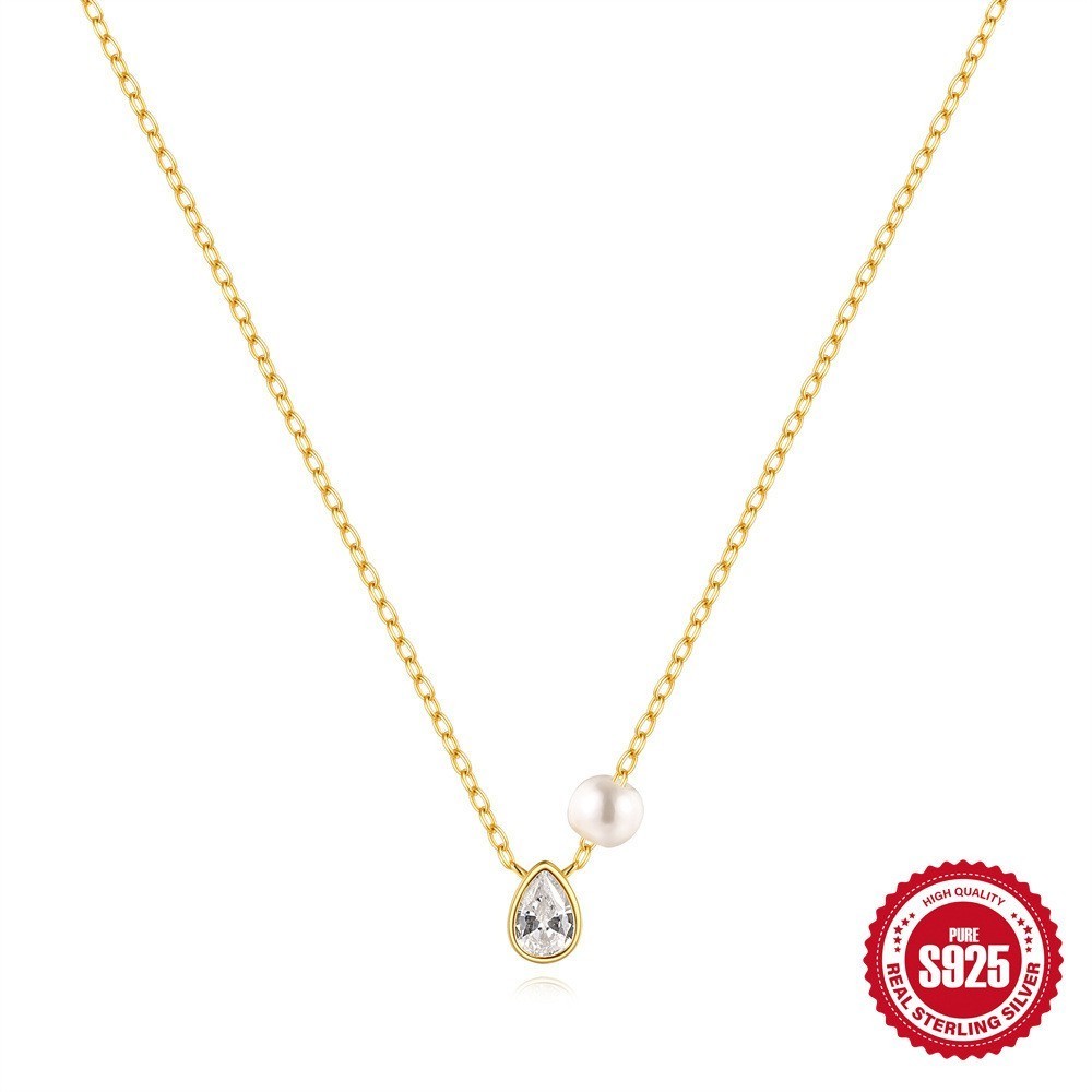 Gold Plated 925 Sterling Silver CZ Teardrop Faux Pearl Necklace for Women