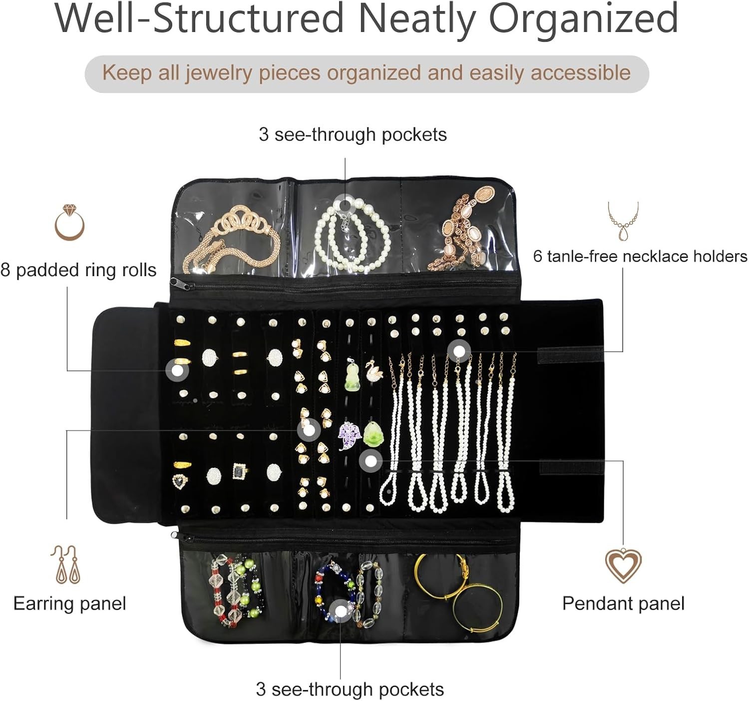 Velvet Travel Jewelry Case Roll Bag Organizer for Necklace Bracelet Earrings …