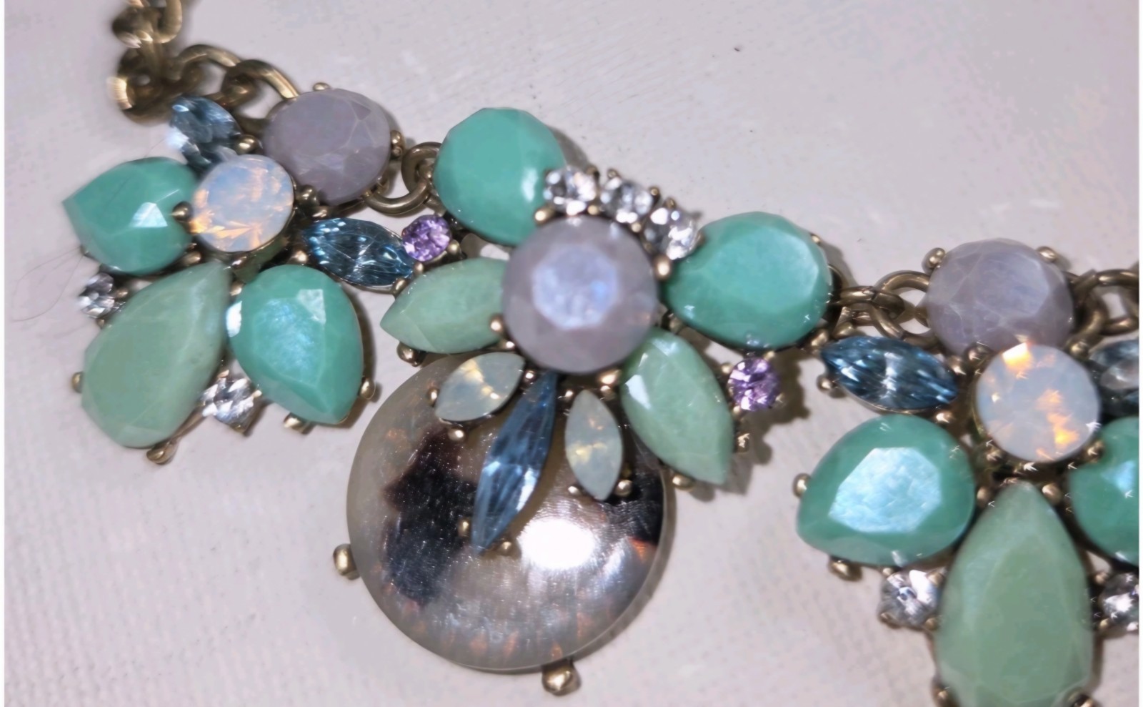 Mint Green Jade Opal Amethyst Rhinestone Floral Statement Bib Necklace