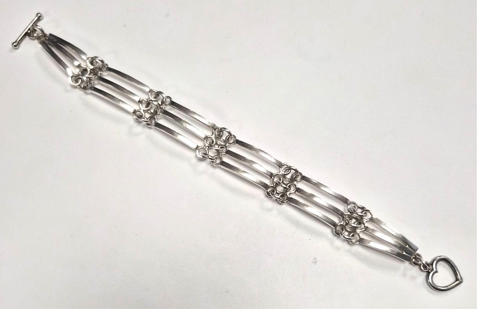 Vintage Mexico Taxco 925 Sterling Silver Modernist 3 Bar Link 8″ Toggle Bracelet