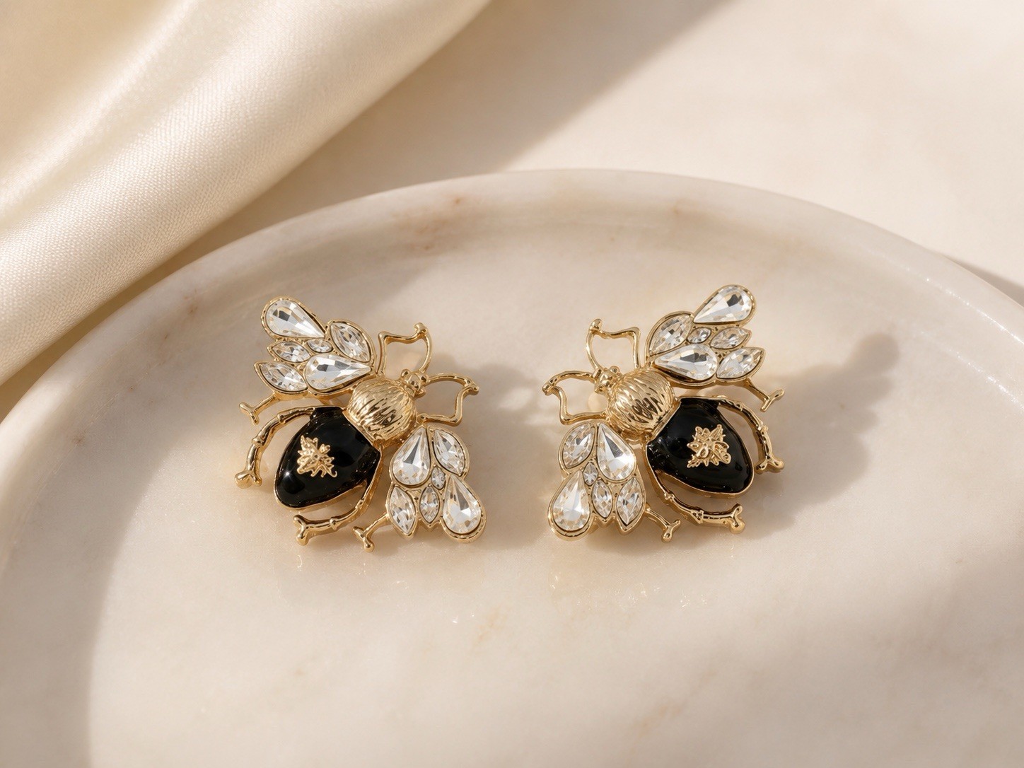 Queen Bee Art Deco Gold Earrings Himeybee Insect Cottagecore Crystal Boho Museum