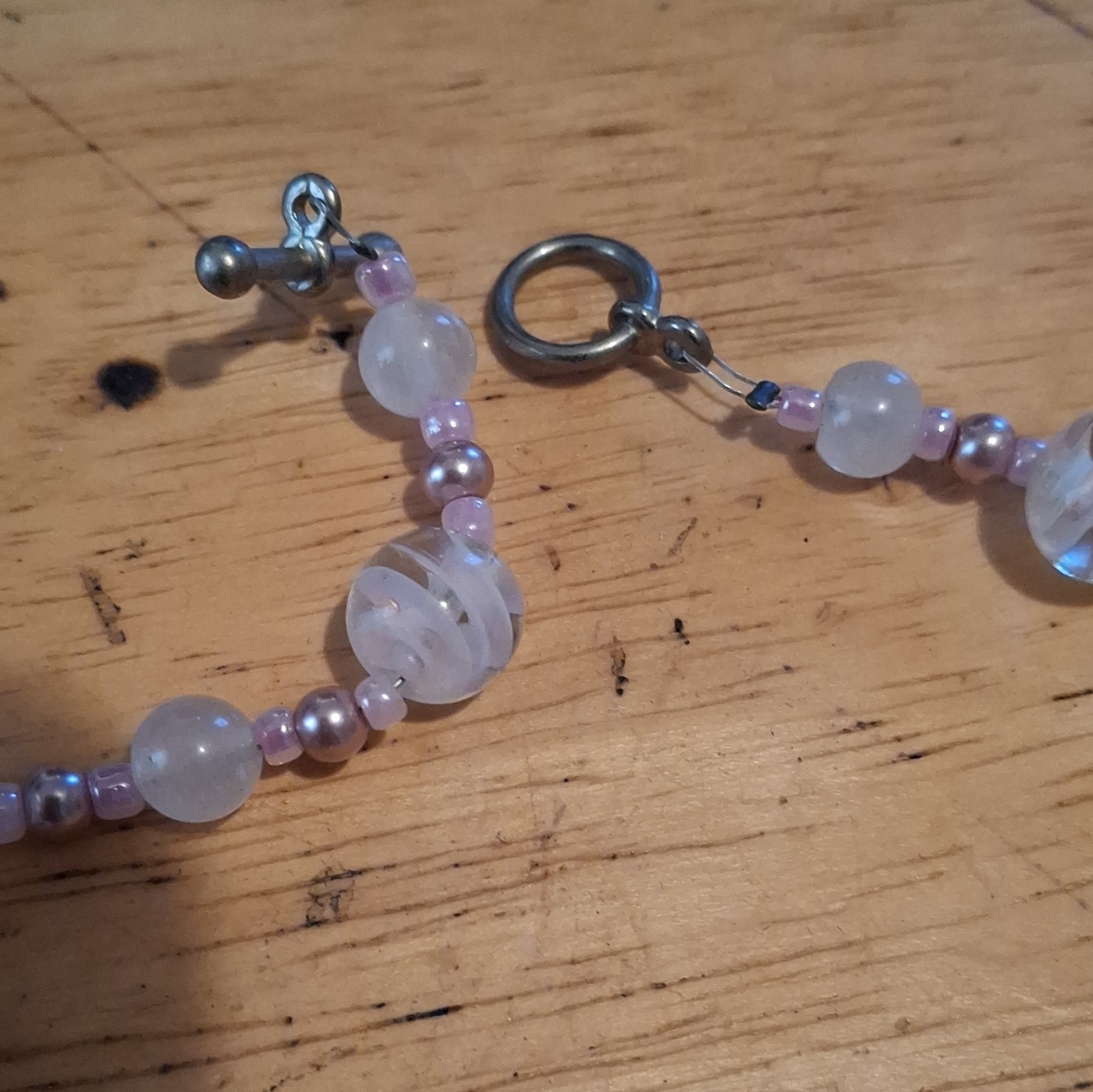 Pink & White Glass Round Bead Beaded Bracelet White Stones Toggle Clasp