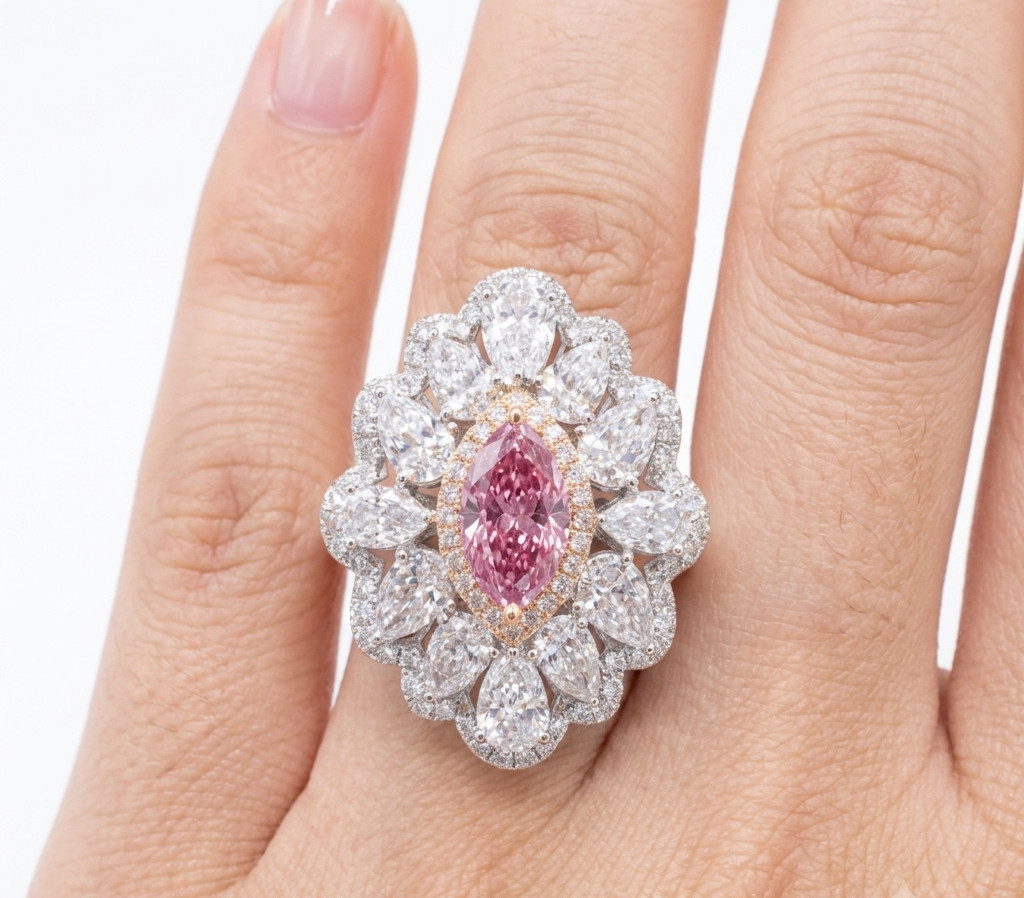 Luxury Marquise Vivid Pink CVD Lab Grown Diamond Ring 14K White Gold IGI