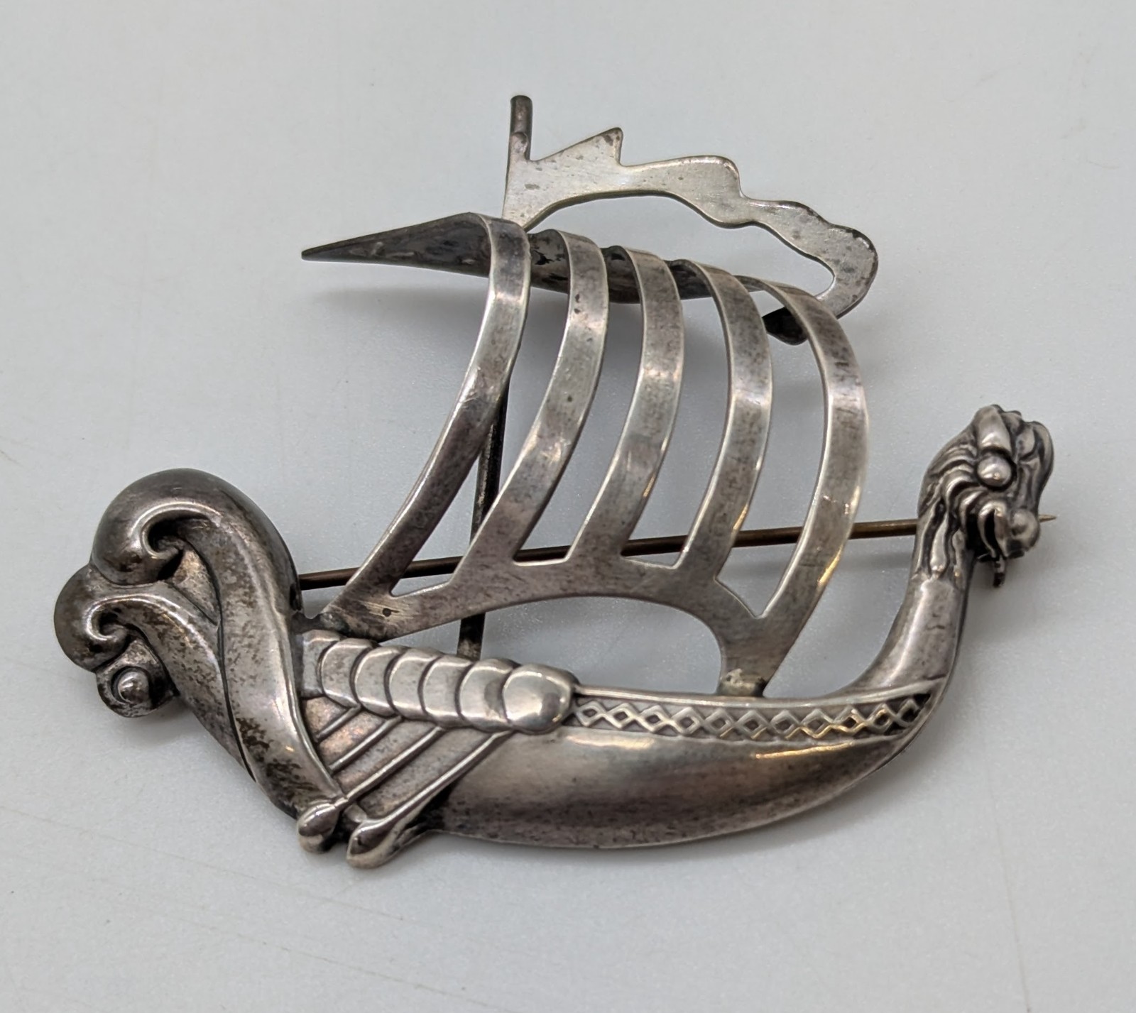 Vtg Lang Sterling Viking Ship Dragon Boat Pin Brooch Silver