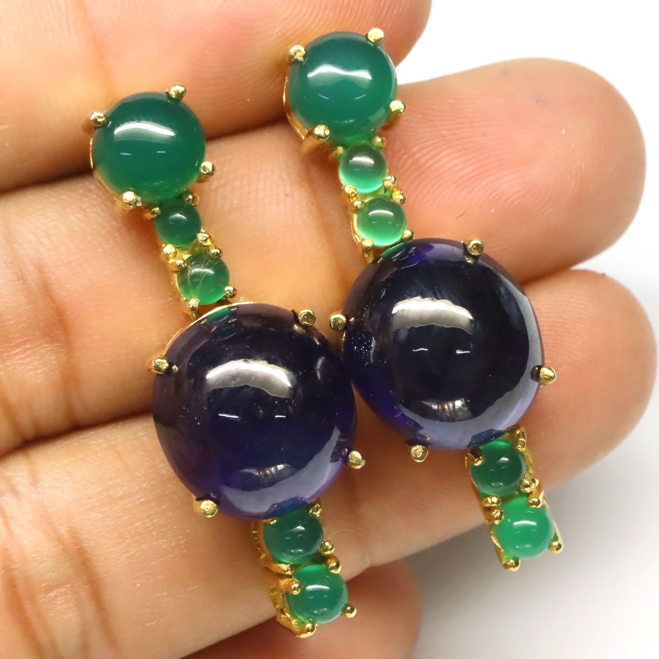 925 Sterling Silver 14 x 15 mm. Blue Sapphire & Green Agate Jewelry Earrings