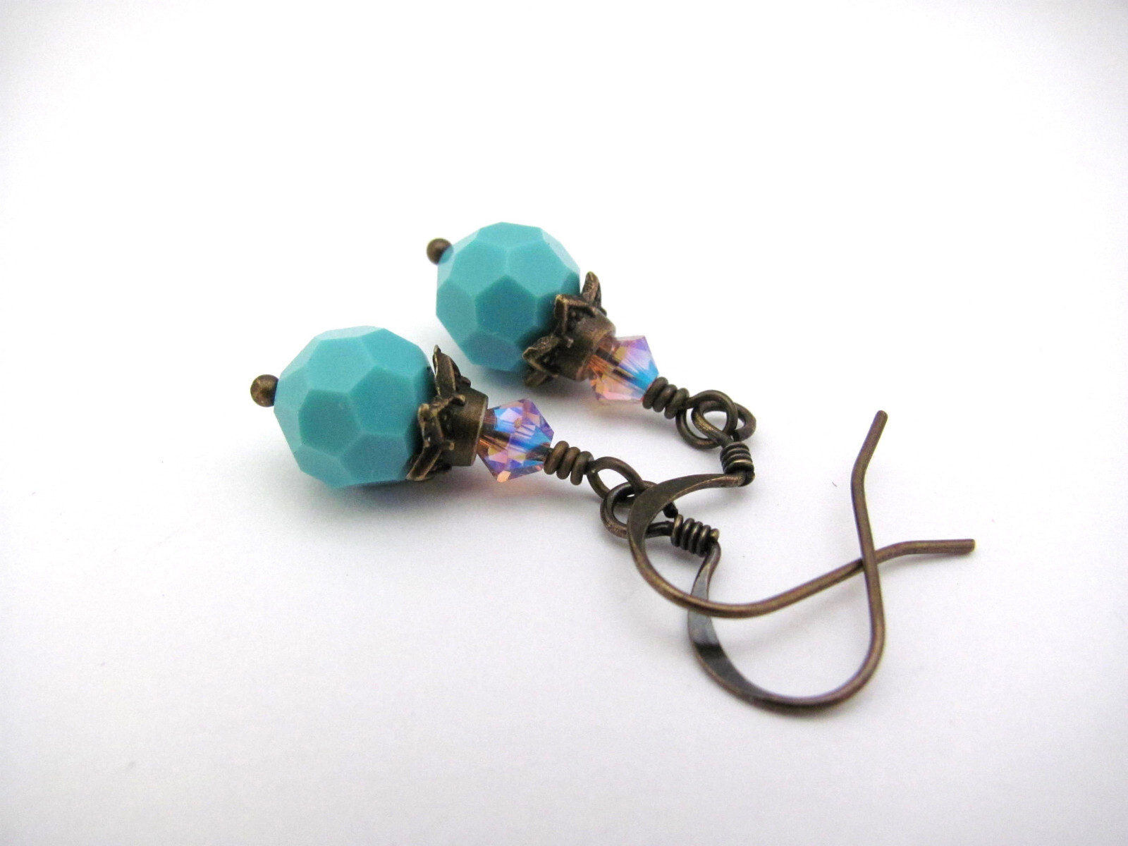 Turquoise Crystal Earrings Antiqued Brass Boho Chic Dainty Romancecore Cosplay