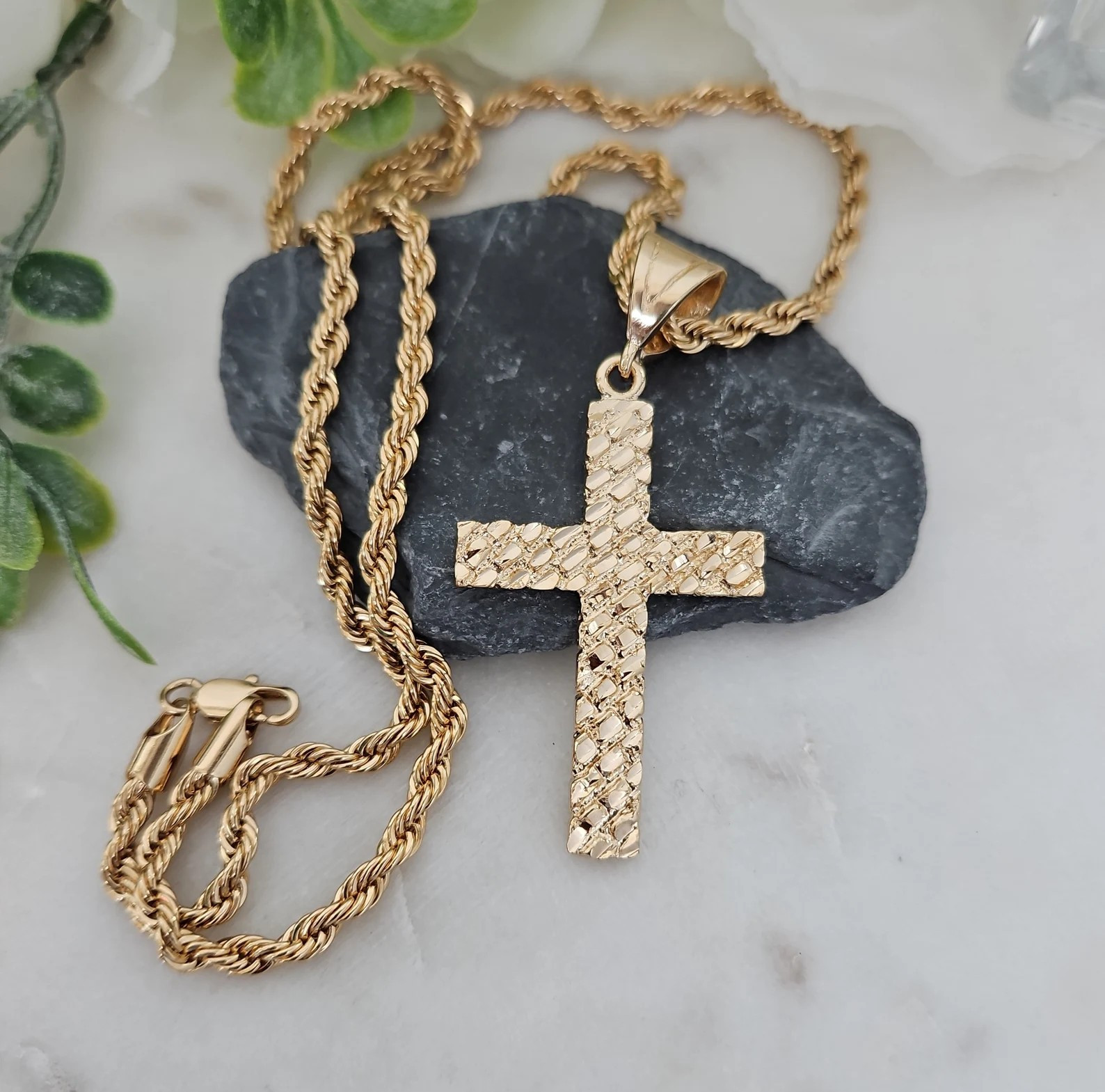 Large Gold Nugget Cross, 5mm French Rope Chain, 14k Heavy Plated