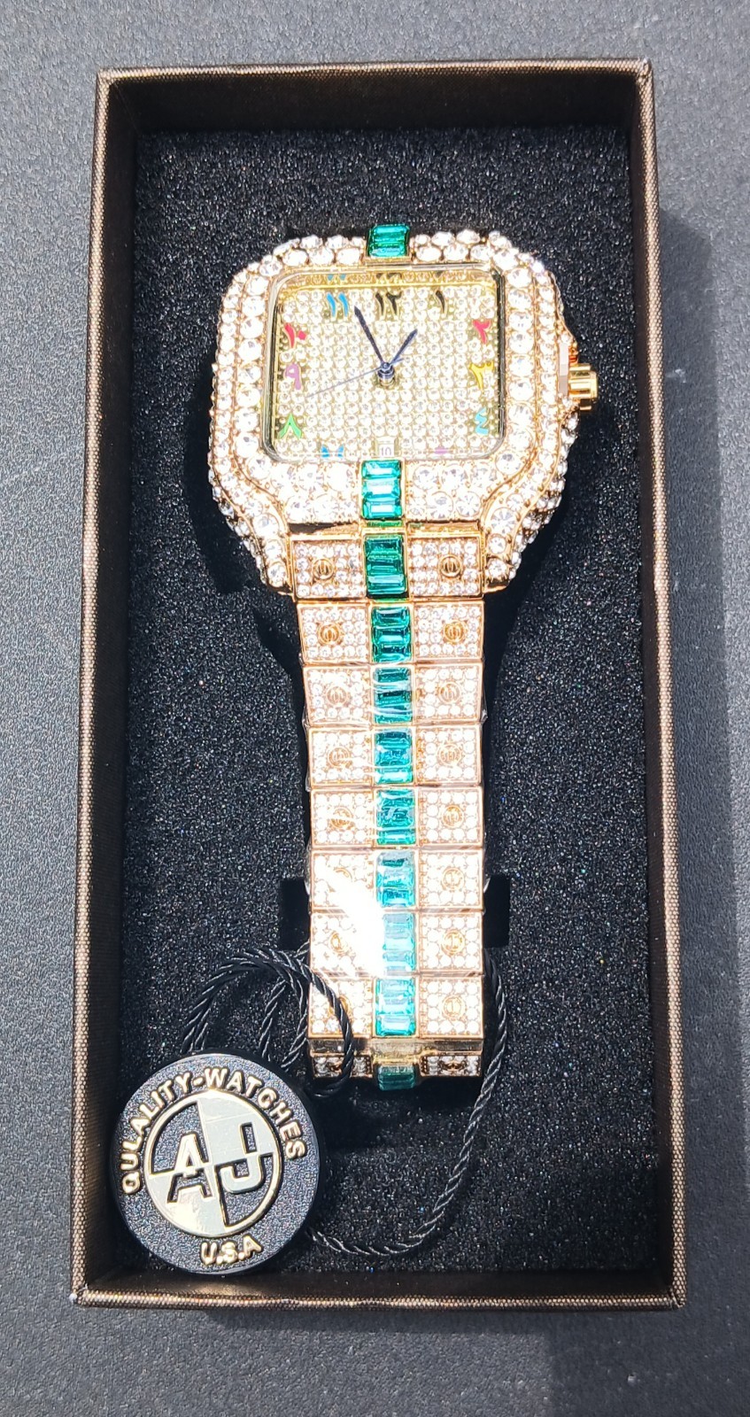 AJ ACCESSORIES 43MM ICED OUT GOLD WATCH WITH GREEN VVSCZ CRYSTALS ARABIC NUMBERS