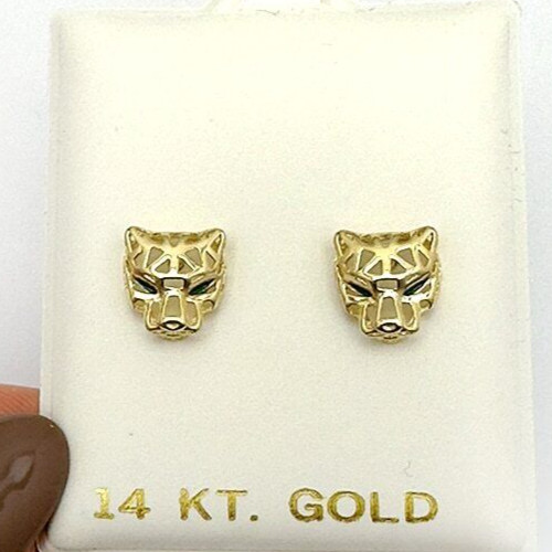 14K Real Gold Green Eyes Geometric Panther Stud Earrings 9mm