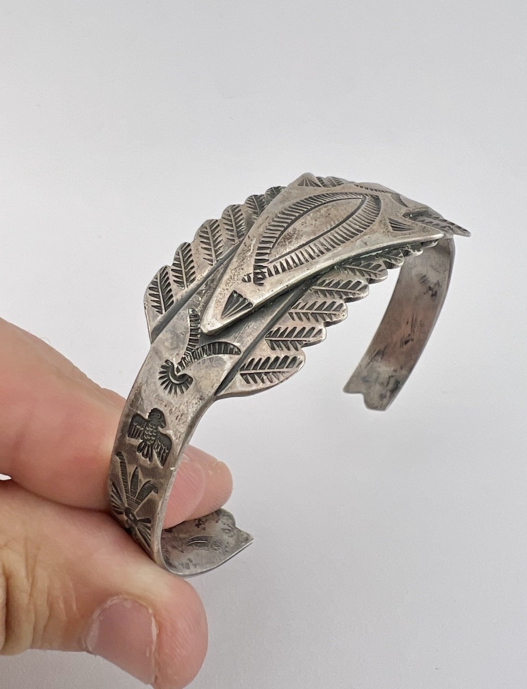 OLD 1940’s Fred Harvey Navajo Coin Silver Stamped Arrow Snake Cuff Bracelet