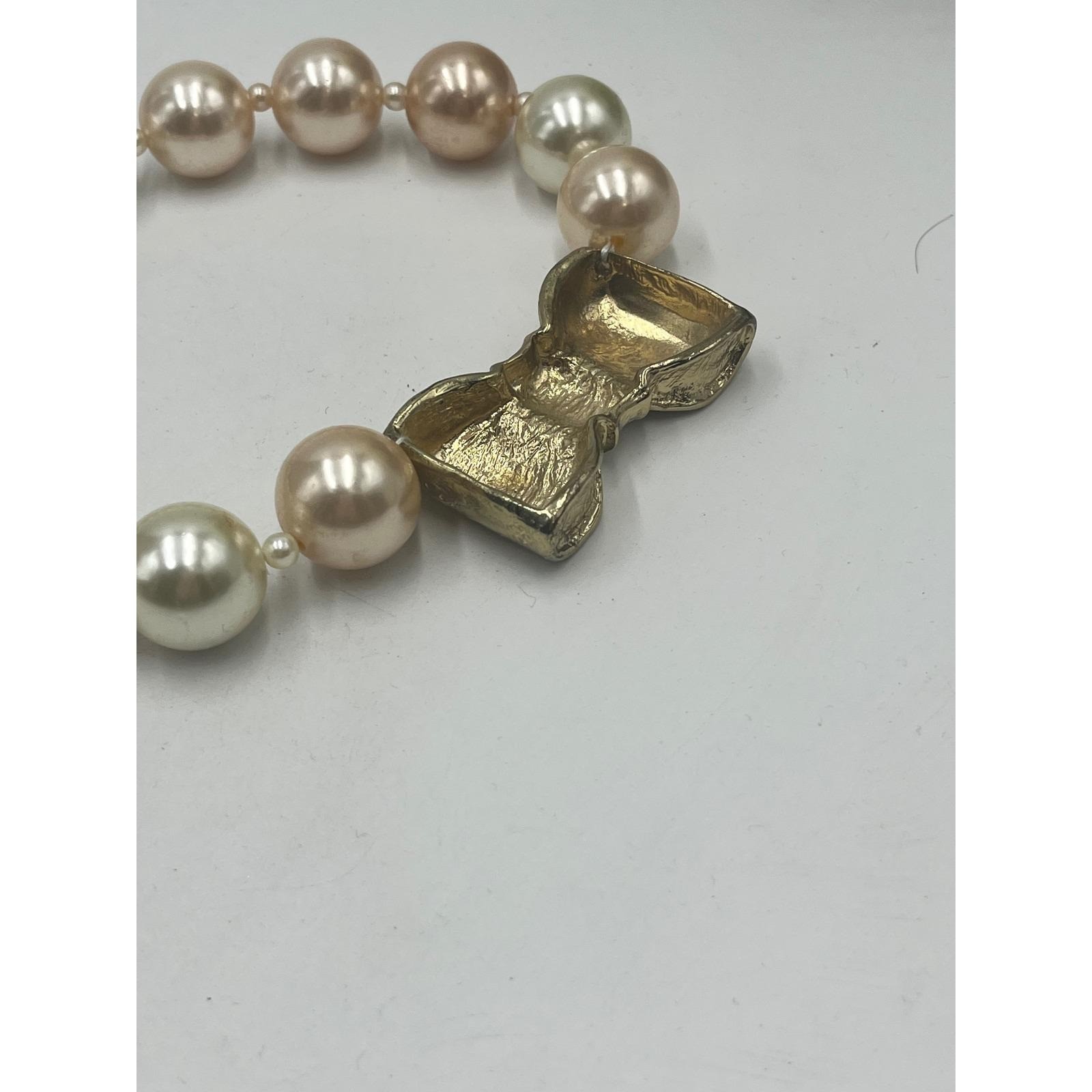 Lucia Vintage Large Faux Cream champagne Pearl Gold Tone Bow Collar Necklace