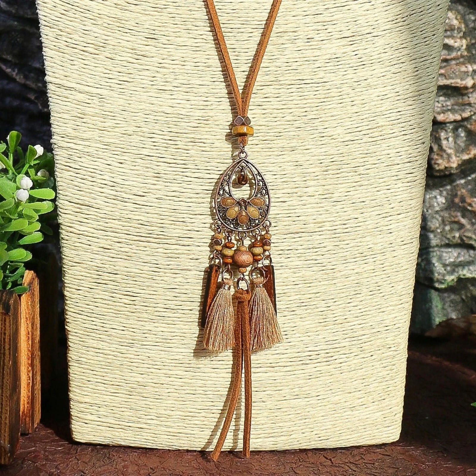 Rustic Antique Copper Enamel Tassel Pendant Vegan Suede Long Boho Necklace