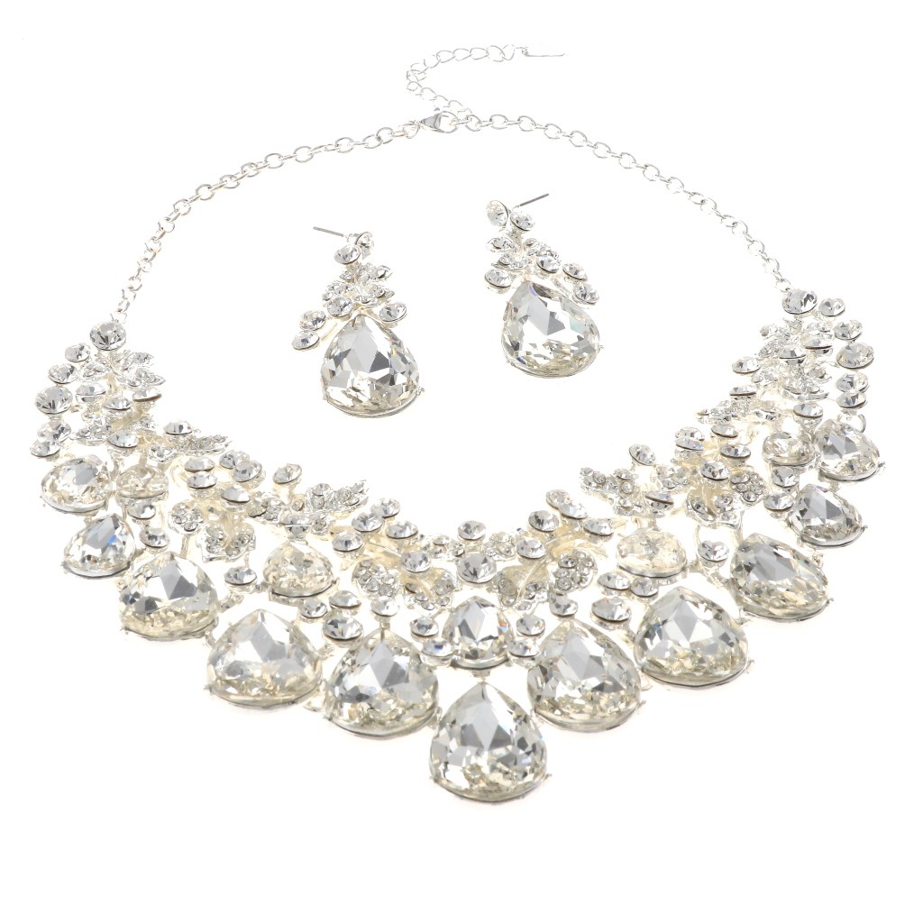 Silver Tone Alloy Metal Rhinestone Necklace Earring Set S20706-SCRY