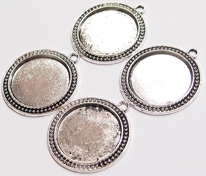 4 of 30mm Round Antique Silver Victorian Art Deco Beaded Pendant Setting 44x38mm