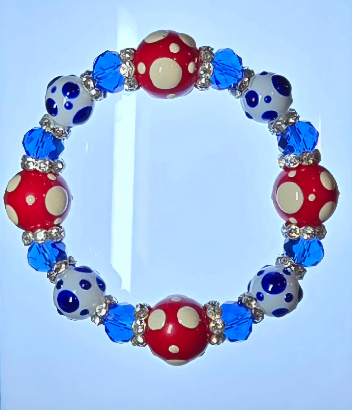 Polka Dot Red White Blue Patriotic Bracelet for Women Glass Beaded Stretch