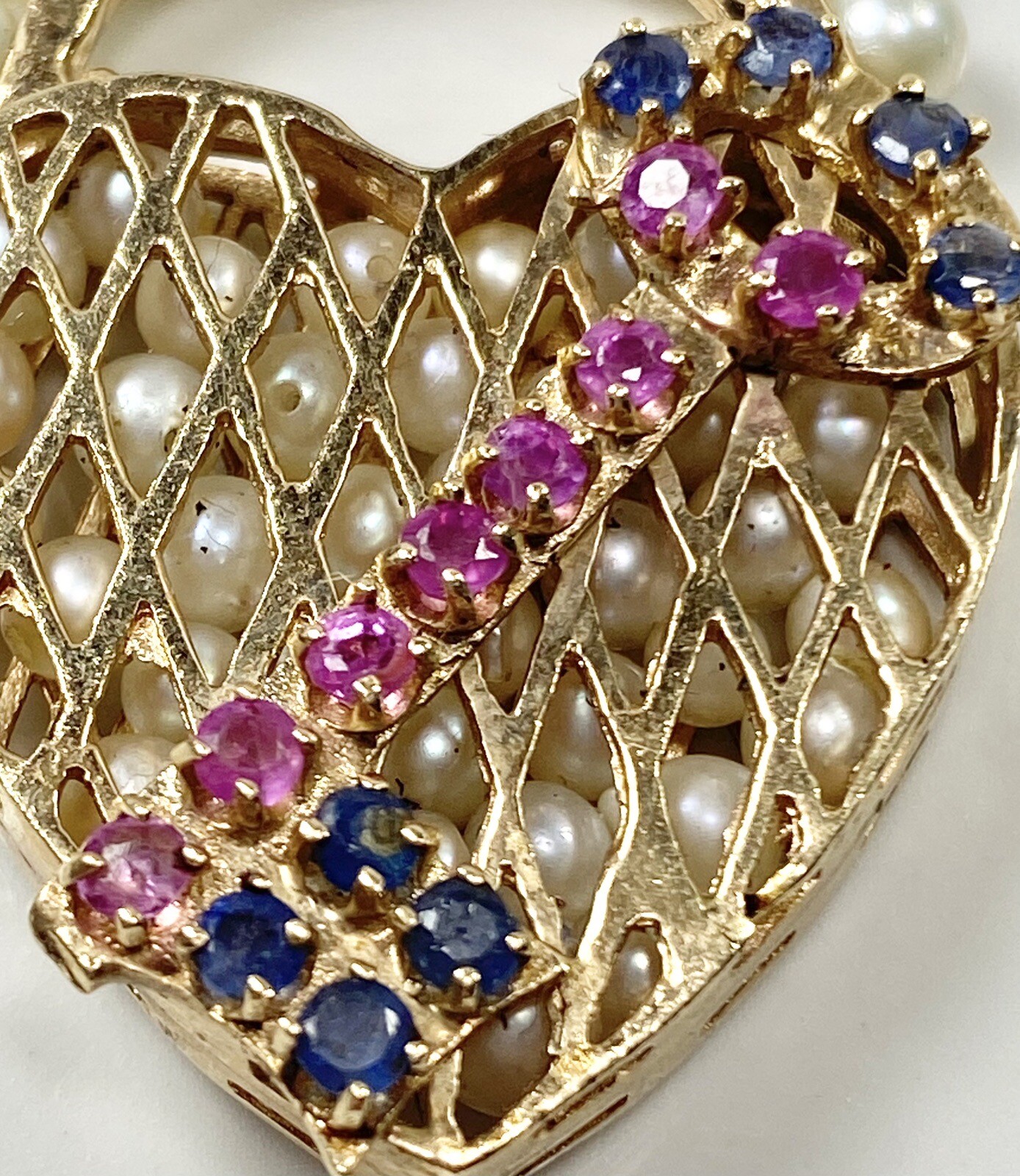 LARGE RETRO 1950S KEY TO MY HEART PEARL RUBY SAPPHIRE CHARM VINTAGE (C153B)