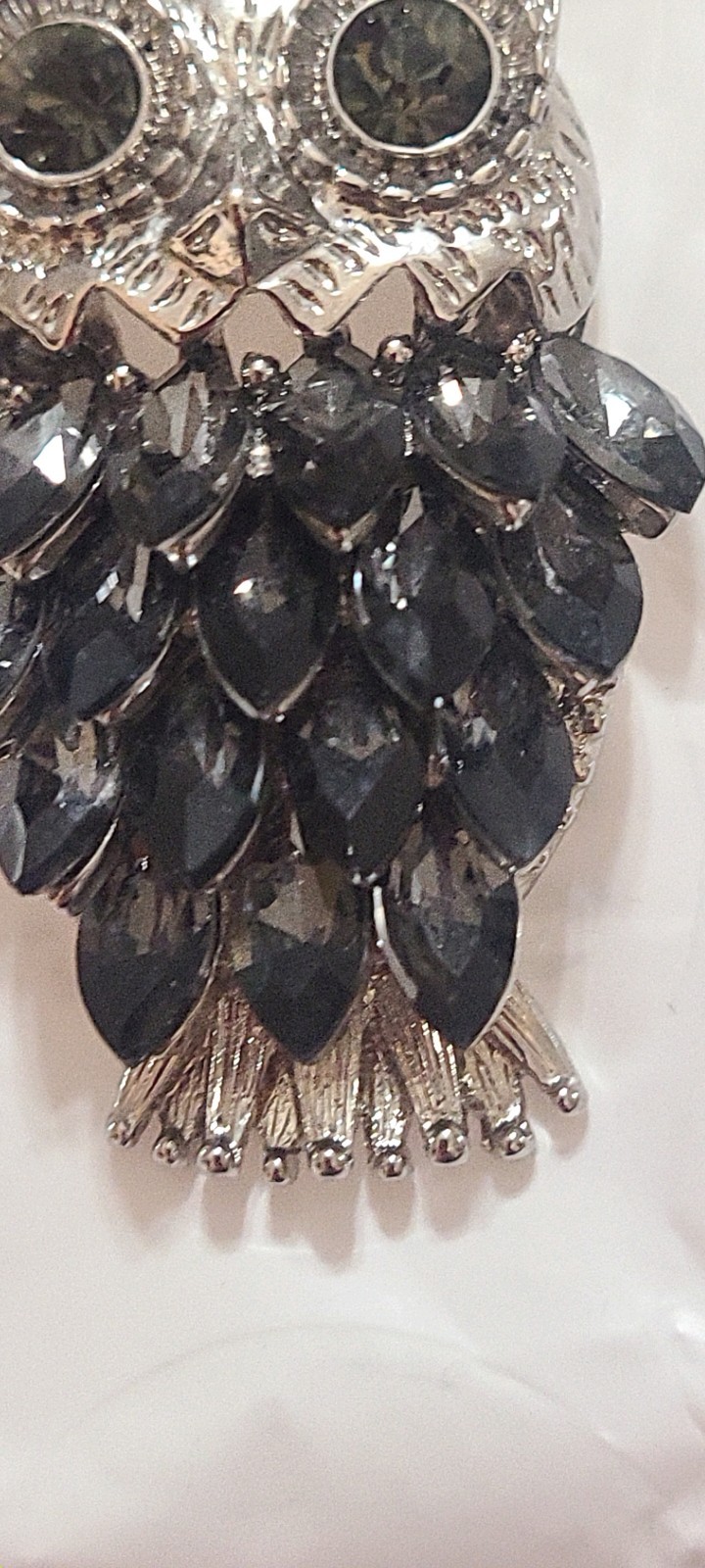 Silver Tone Owl Pendant Necklace w/ Long Chain Black Purple Crystal Rhinestones