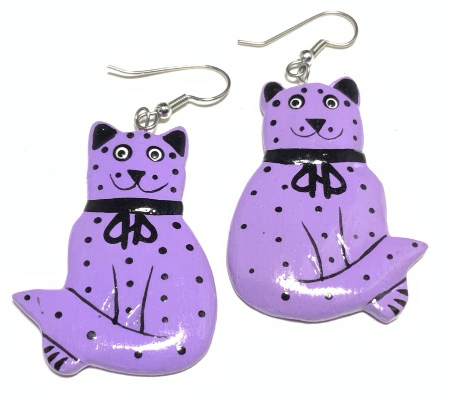 Silver Tone Dangle Drop Purple Cat Earrings LY128