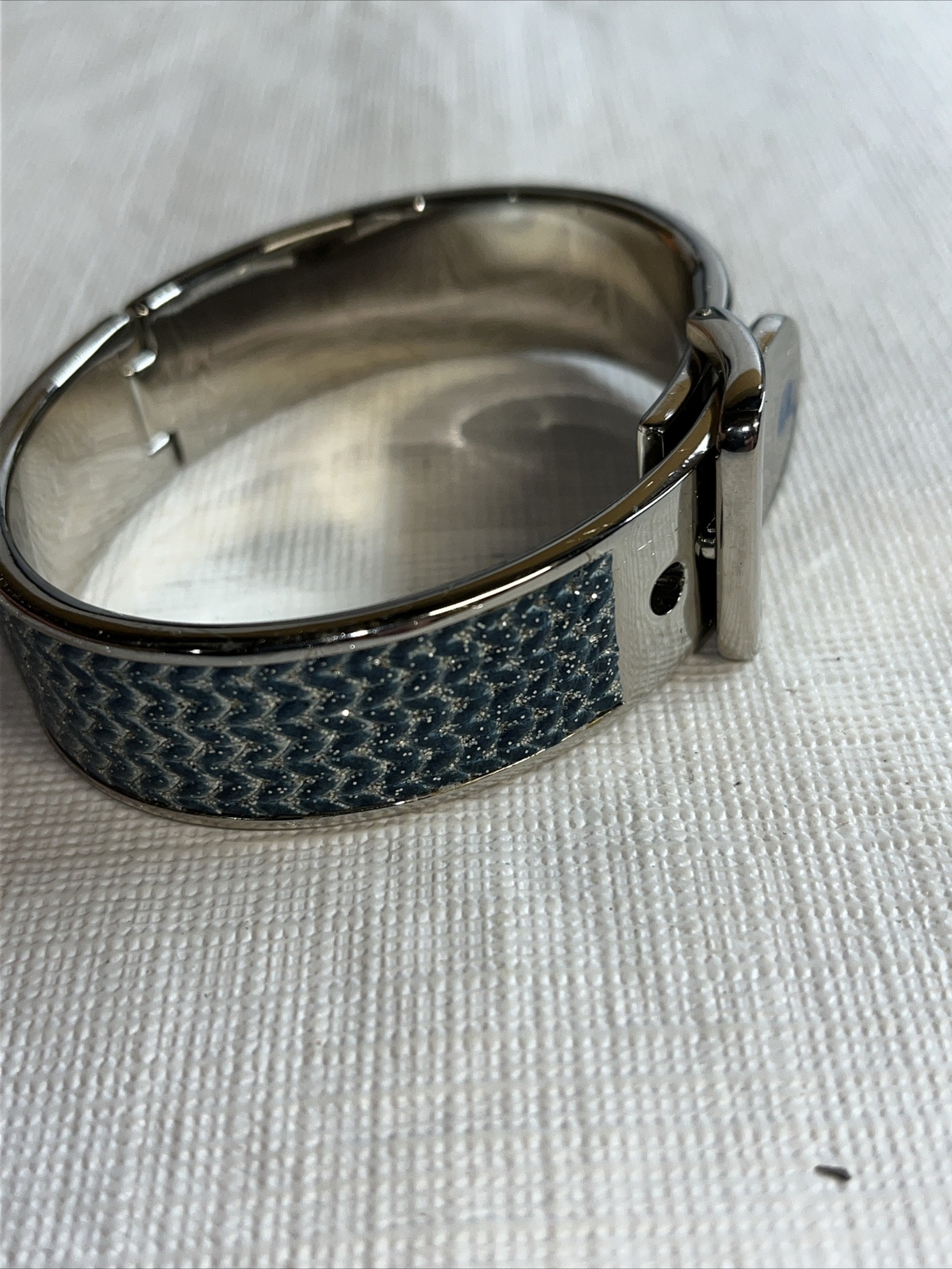 Parker Daniels Hinged METALLIC BLUE & RHODIUM LEATHER CUFF BUCKLE BRACELET