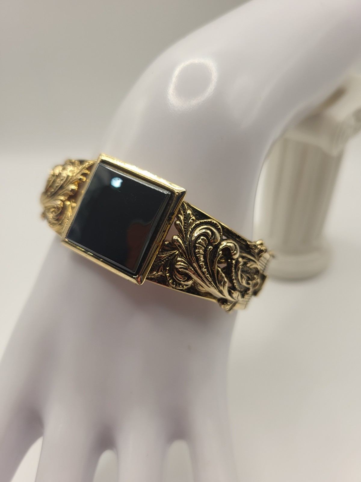 Ornate Hinged Cuff Bangle Bracelet Hematite Center Square Victorian Rev Goldtone