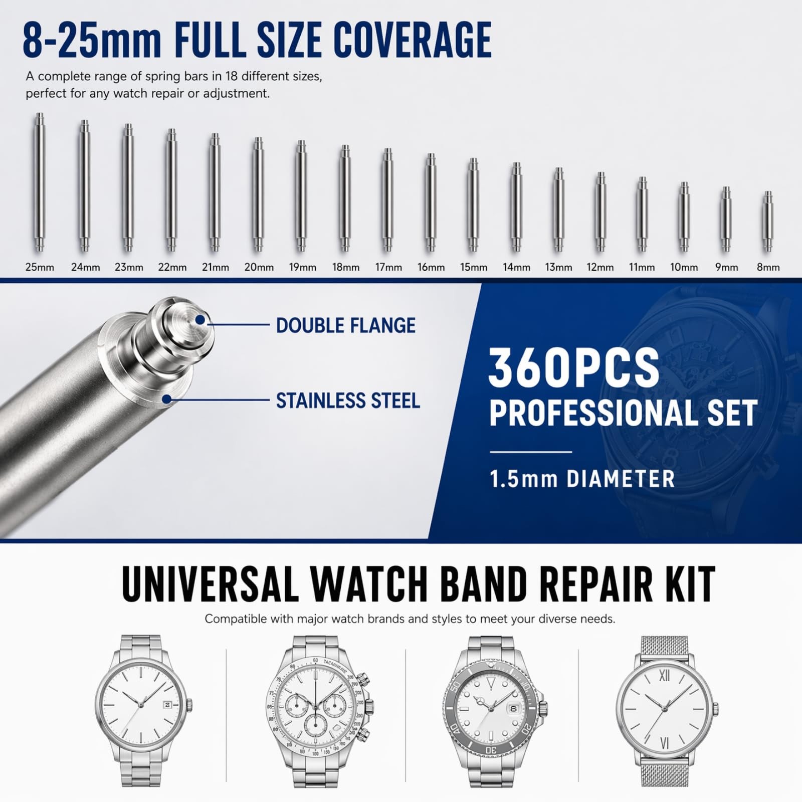 XinYunfan 360Pcs (8-25mm) Watch Band Link Pins Removal Tool Kit, Blue