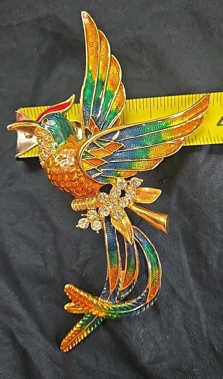 Vintage D’orlan Boucher 6″ Enamel Phoenix Bird Brooch Multicolored, Clear Crysta