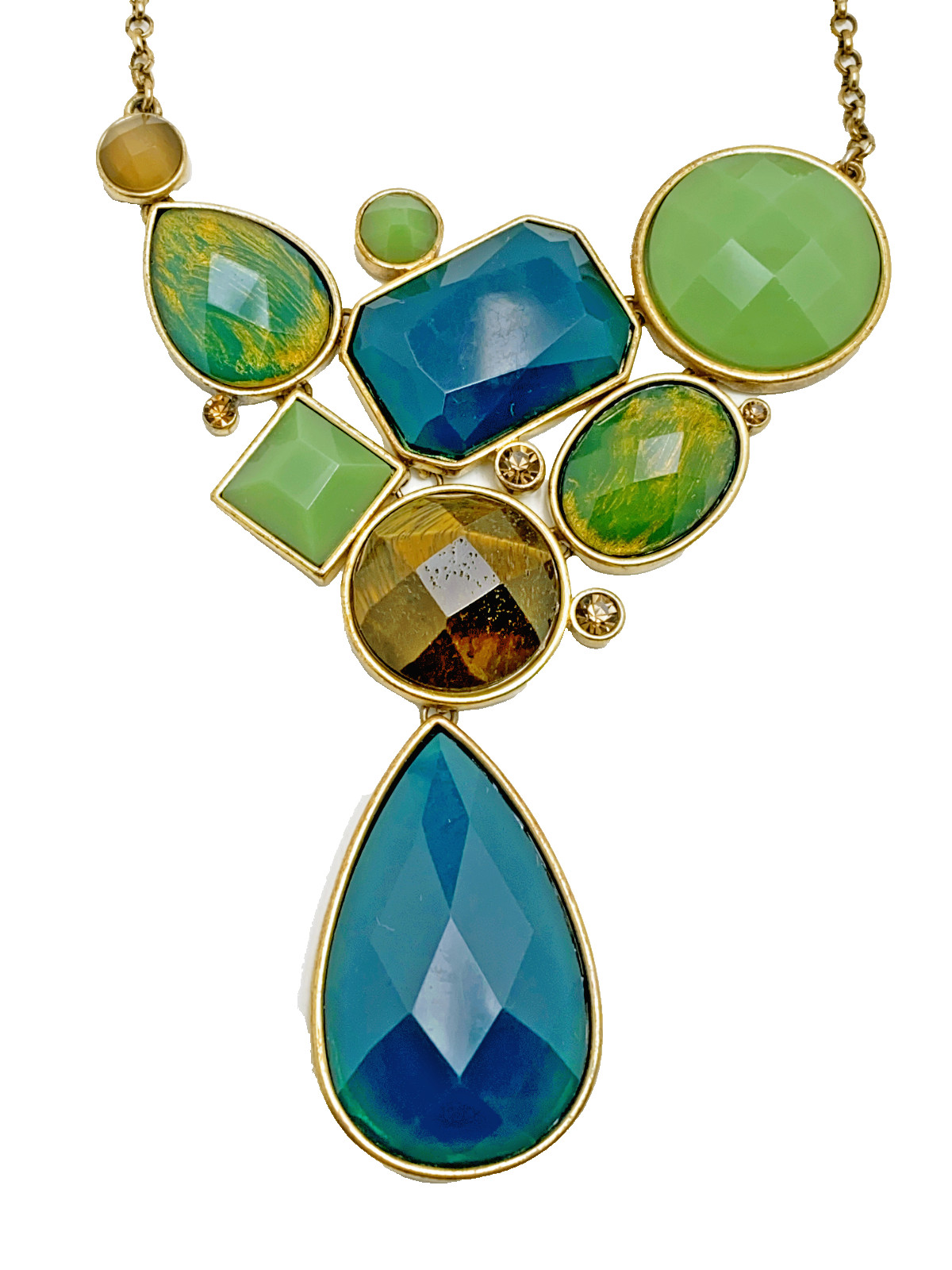 Colorful Bold Statement Necklace BOHM Faceted Glass Teal Blue Green Brown