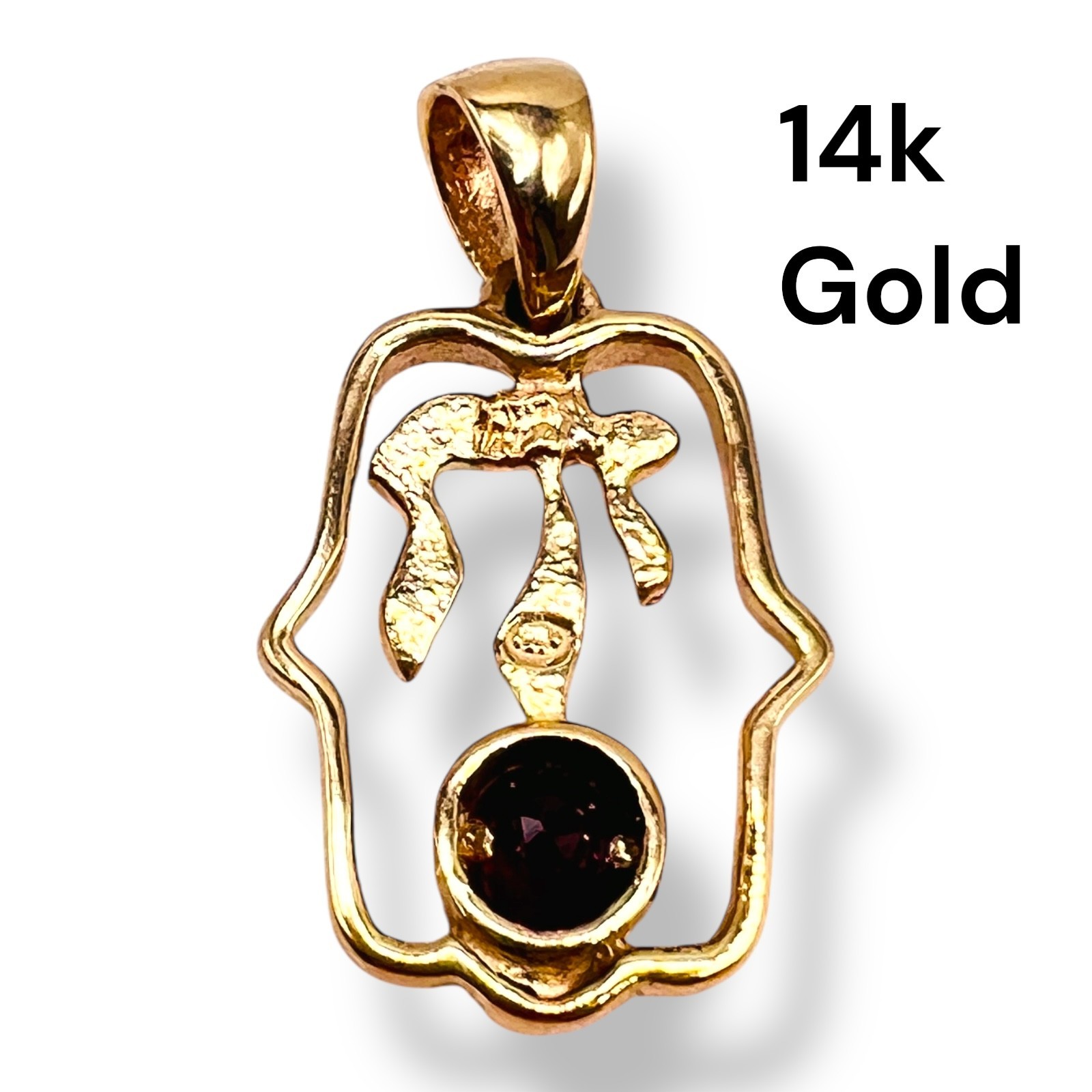 Solid 14k Yellow Gold Ruby Hamsa Chai Pendant Charm 2.68 Grams