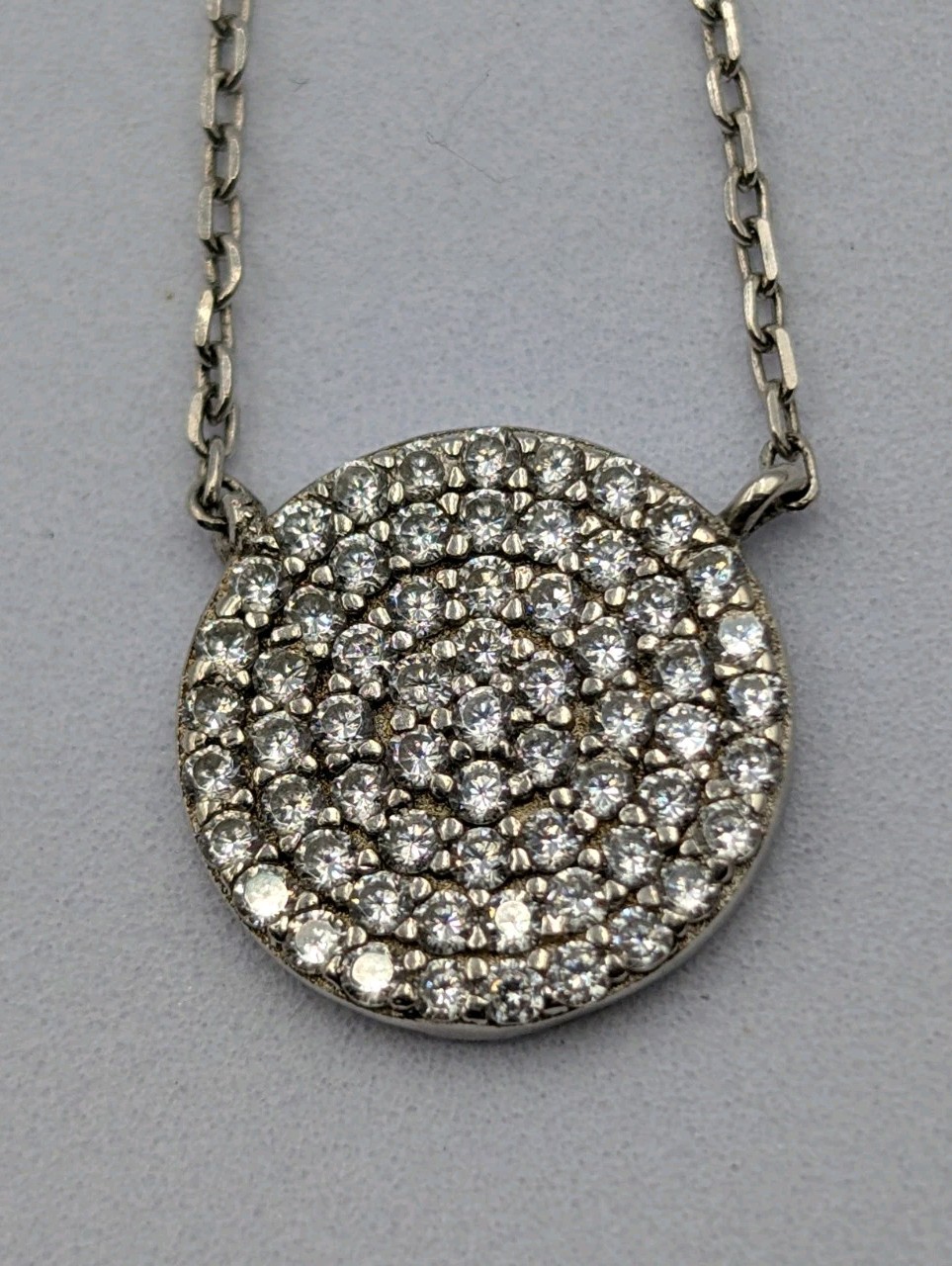 Signed Sterling Silver Pave CZ Circle Cable Chain 925 Necklace 15.75″-18.5″ Adj.